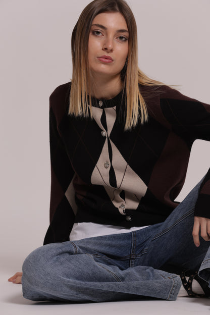 MAGLIA CARDIGAN GEOMETRICO CON BOTTONI GIOIELLO