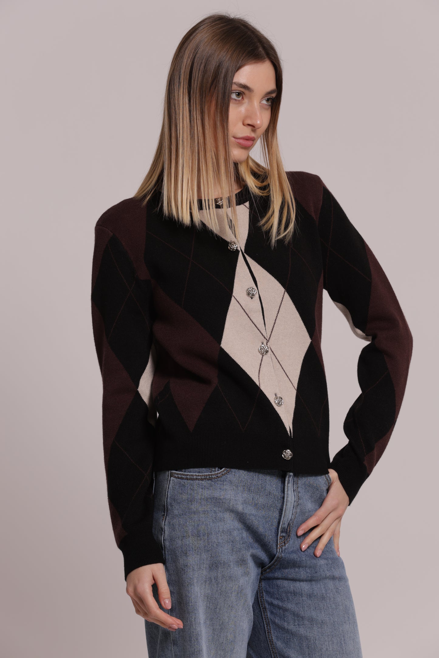 MAGLIA CARDIGAN GEOMETRICO CON BOTTONI GIOIELLO
