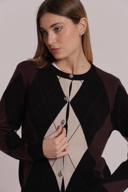 MAGLIA CARDIGAN GEOMETRICO CON BOTTONI GIOIELLO