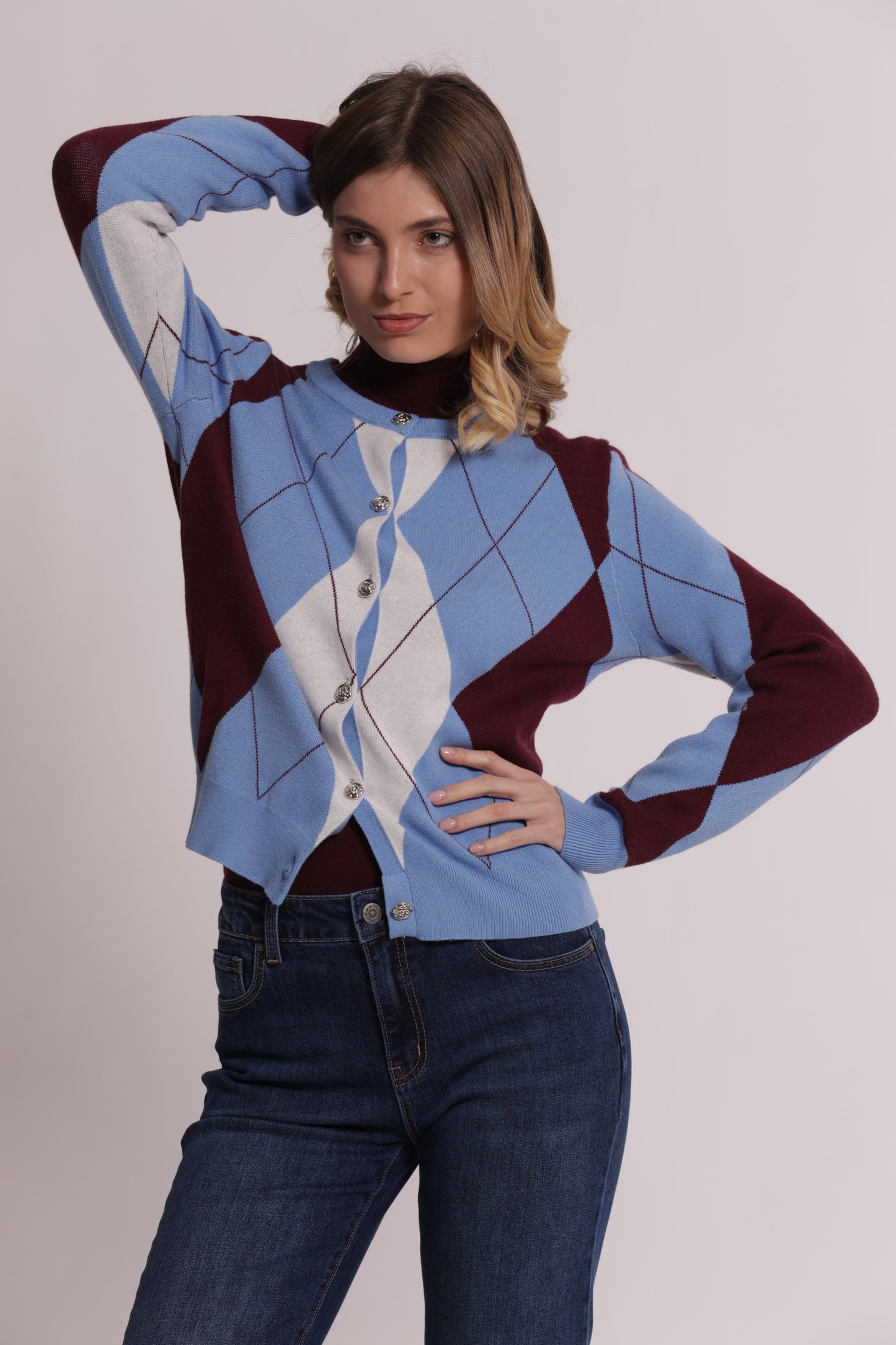 MAGLIA CARDIGAN GEOMETRICO CON BOTTONI GIOIELLO