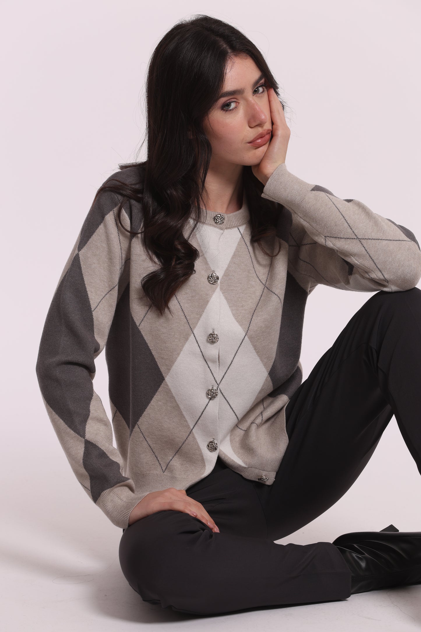 MAGLIA CARDIGAN GEOMETRICO CON BOTTONI GIOIELLO