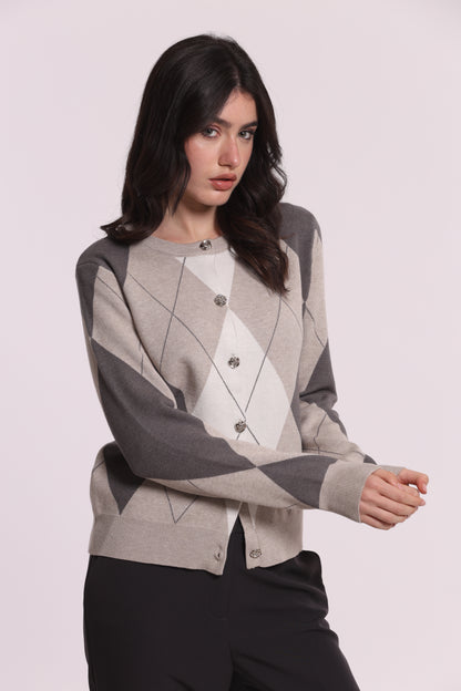 MAGLIA CARDIGAN GEOMETRICO CON BOTTONI GIOIELLO