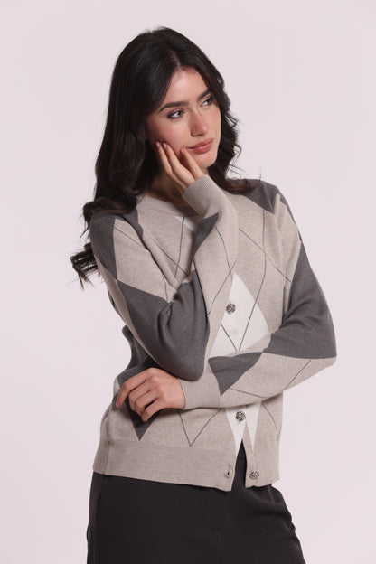 MAGLIA CARDIGAN GEOMETRICO CON BOTTONI GIOIELLO