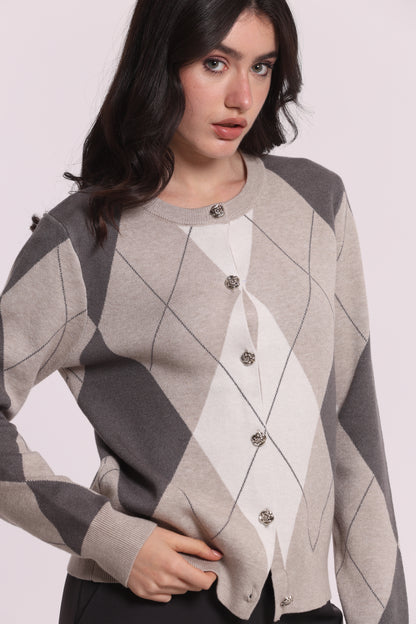 MAGLIA CARDIGAN GEOMETRICO CON BOTTONI GIOIELLO