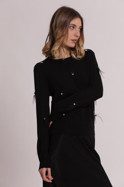 MAGLIA SCOLLO TONDO CON PIUME