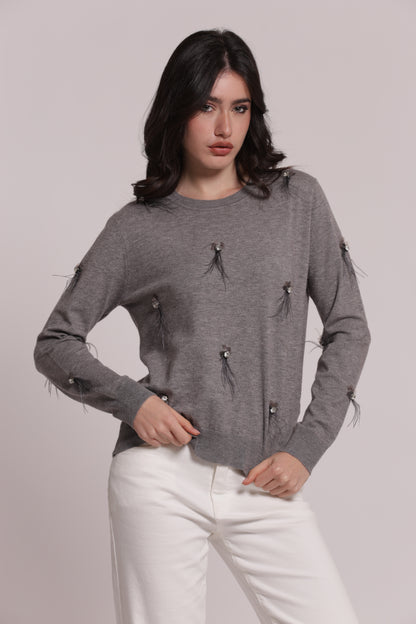 MAGLIA SCOLLO TONDO CON PIUME