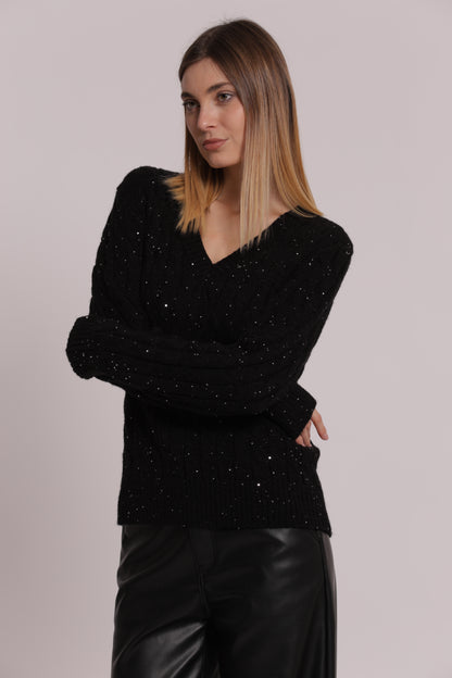 MAGLIA SCOLLO A V CON TRAMA TRECCIA E PAILLETTES