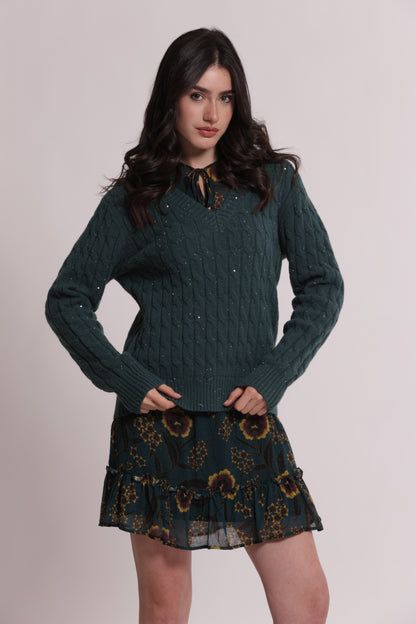MAGLIA SCOLLO A V CON TRAMA TRECCIA E PAILLETTES