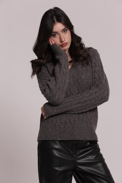 MAGLIA SCOLLO A V CON TRAMA TRECCIA E PAILLETTES