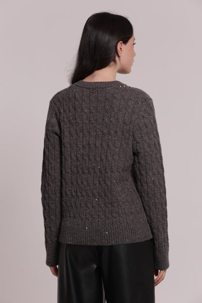 MAGLIA SCOLLO A V CON TRAMA TRECCIA E PAILLETTES