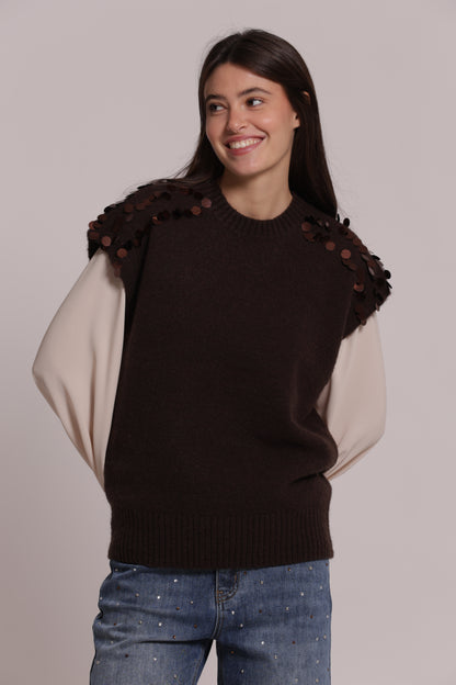 MAGLIA MANICHE CORTE CON PAILLETTES SU SPALLE