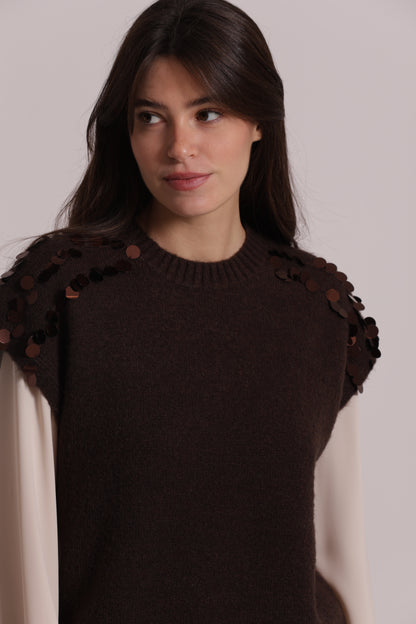 MAGLIA MANICHE CORTE CON PAILLETTES SU SPALLE