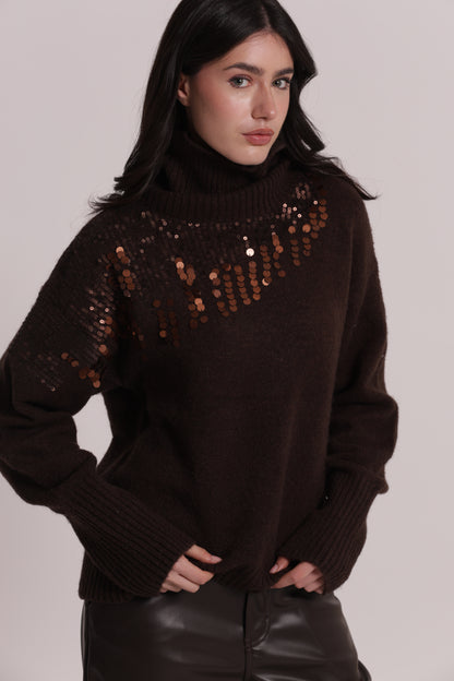 MAGLIA COLLO ALTO CON CASCATE DI PAILLETTES