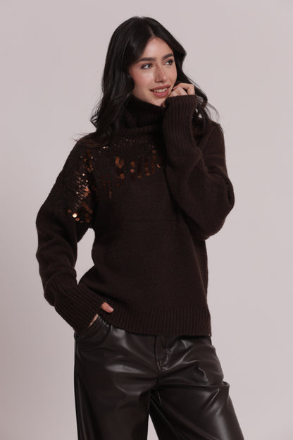 MAGLIA COLLO ALTO CON CASCATE DI PAILLETTES