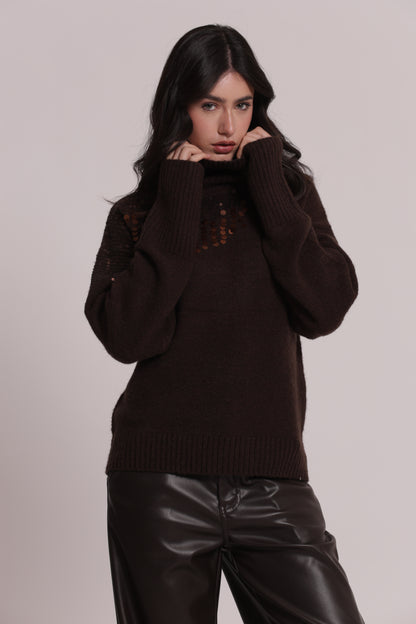 MAGLIA COLLO ALTO CON CASCATE DI PAILLETTES