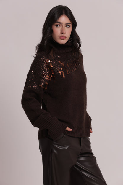 MAGLIA COLLO ALTO CON CASCATE DI PAILLETTES