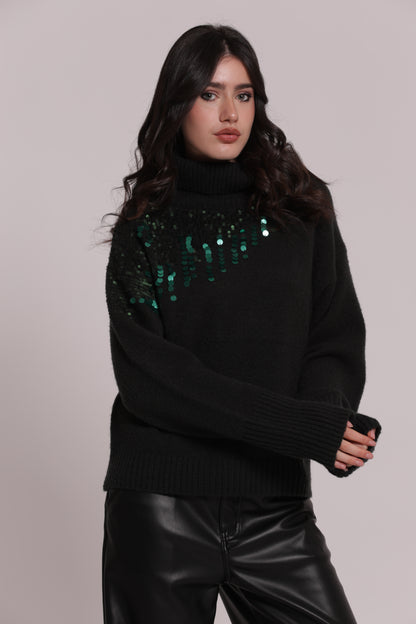 MAGLIA COLLO ALTO CON CASCATE DI PAILLETTES