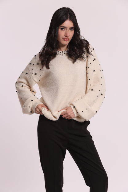 MAGLIA SCOLLO TONDO CON PERLE