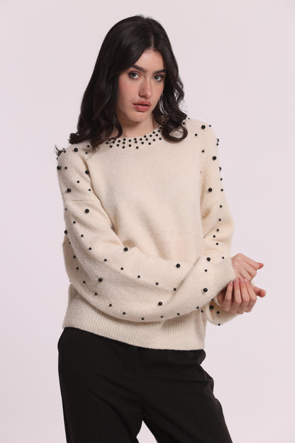 MAGLIA SCOLLO TONDO CON PERLE