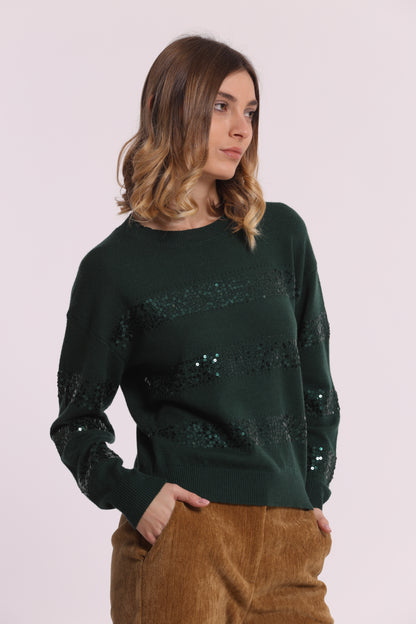 MAGLIA SCOLLO TONDO CON RIGHE IN PAILLETTES