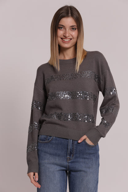 MAGLIA SCOLLO TONDO CON RIGHE IN PAILLETTES