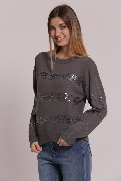 MAGLIA SCOLLO TONDO CON RIGHE IN PAILLETTES