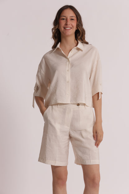 CAMICIA CROPPED CON FIBBIE SU MANICHE IN MODAL CUPRO