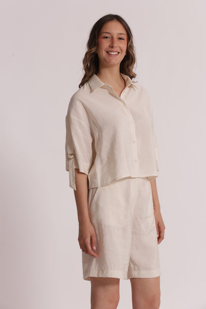 CAMICIA CROPPED CON FIBBIE SU MANICHE IN MODAL CUPRO