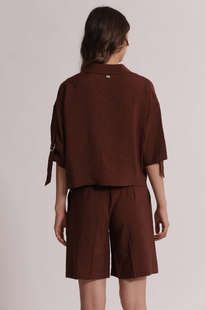 CAMICIA CROPPED CON FIBBIE SU MANICHE IN MODAL CUPRO