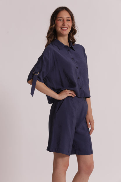 CAMICIA CROPPED CON FIBBIE SU MANICHE IN MODAL CUPRO