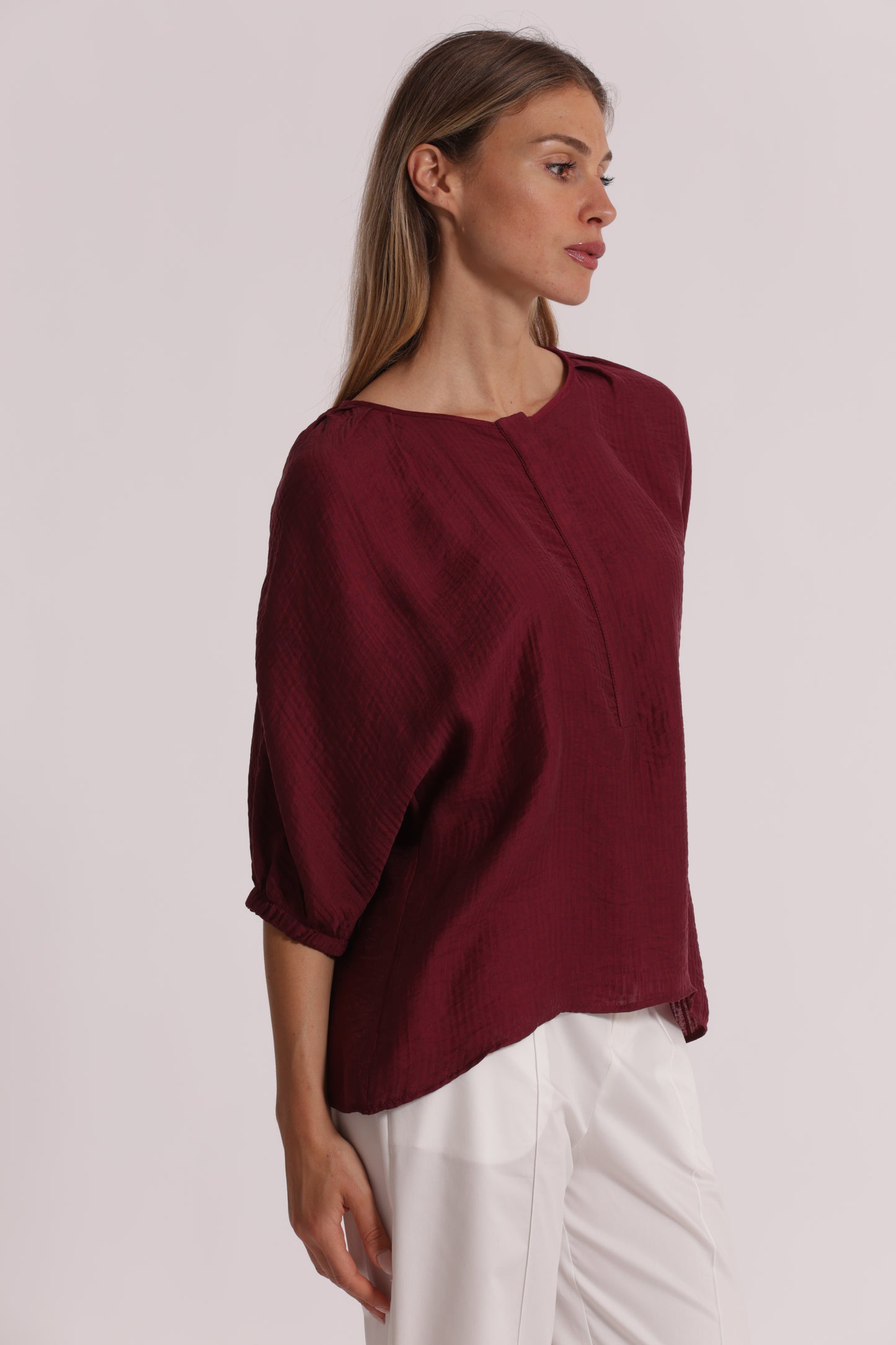 BLUSA OVER IN CREPONNE SCOLLO TONDO E MANICHE 3/4