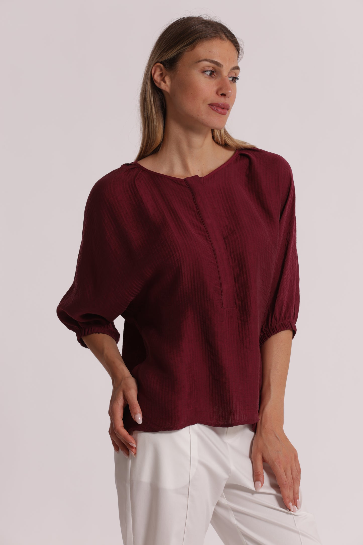 BLUSA OVER IN CREPONNE SCOLLO TONDO E MANICHE 3/4