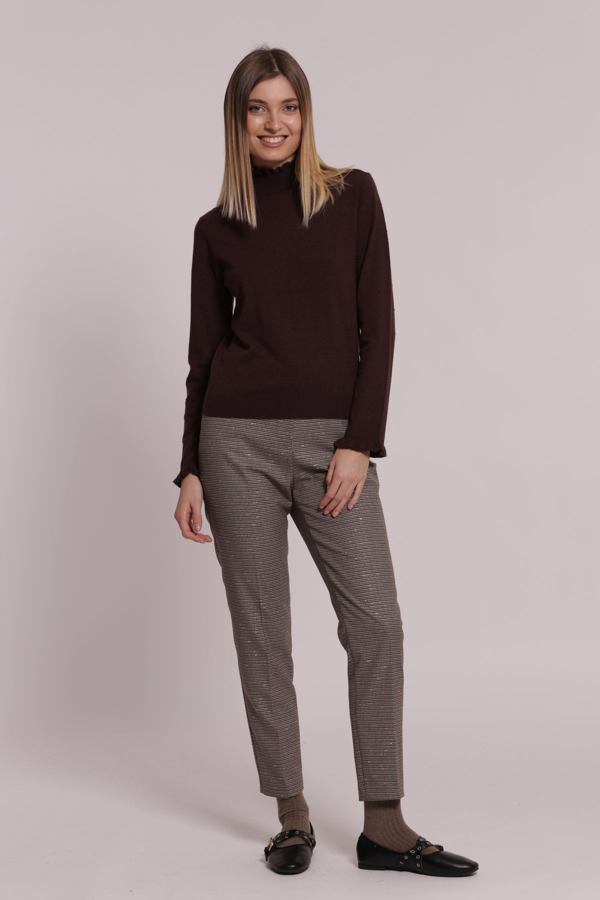PANTALONE SIGARETTA CON ELASTICO IN PIED DE POULE LUREX
