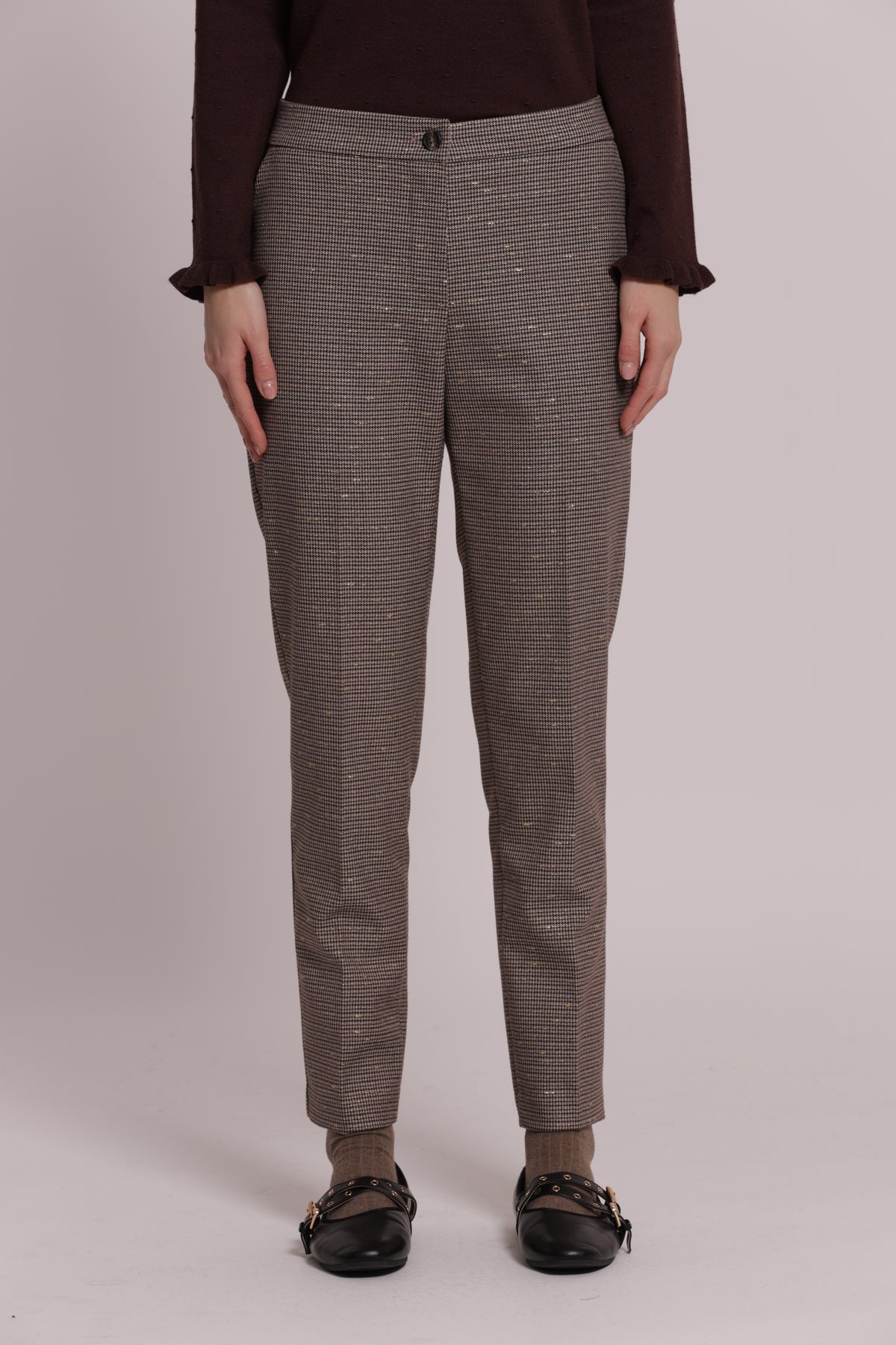 PANTALONE SIGARETTA CON ELASTICO IN PIED DE POULE LUREX