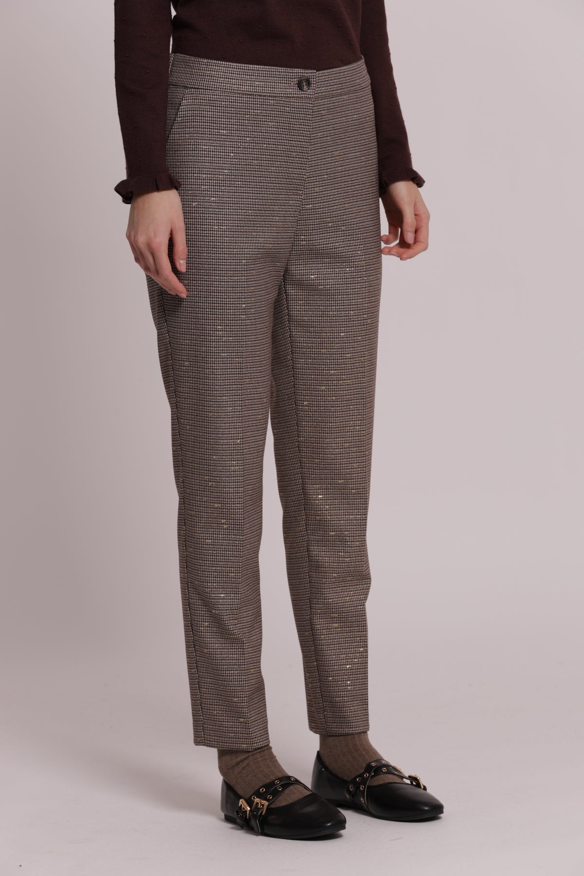 PANTALONE SIGARETTA CON ELASTICO IN PIED DE POULE LUREX