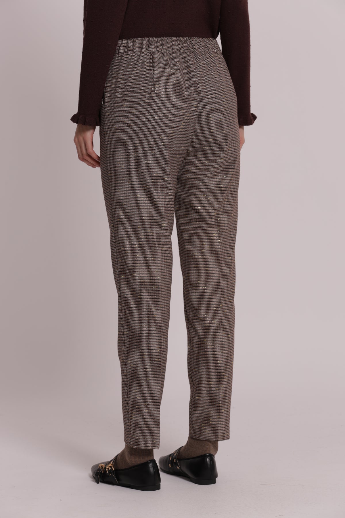 PANTALONE SIGARETTA CON ELASTICO IN PIED DE POULE LUREX
