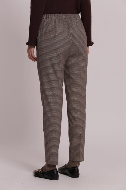 PANTALONE SIGARETTA CON ELASTICO IN PIED DE POULE LUREX