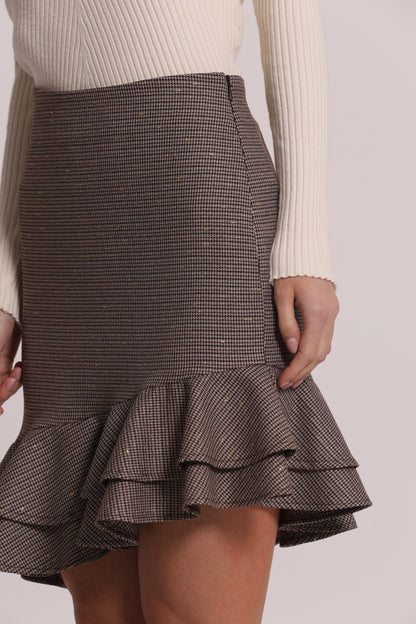 GONNA CORTA CON ROUCHES IN PIED DE POULE LUREX