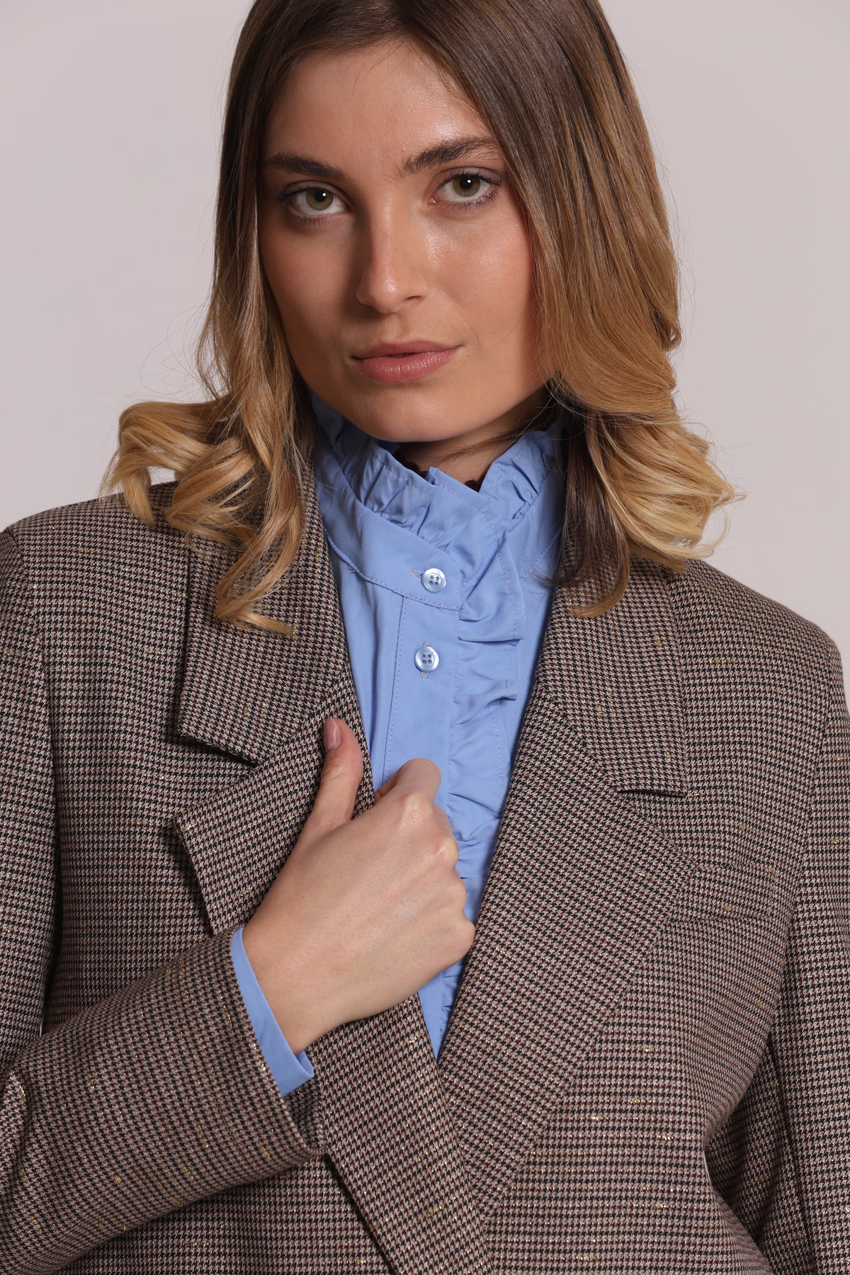 GIACCA LUNGA DOPPIO PETTO SFODERATA IN PIED DE POULE LUREX