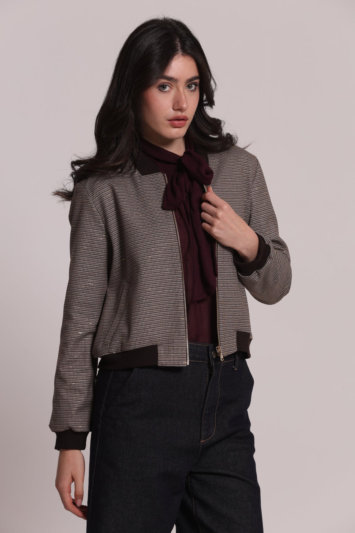 GIACCA BOMBER CON ZIP IN PIED DE POULE LUREX