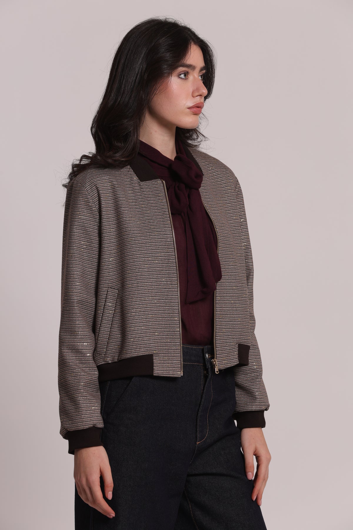GIACCA BOMBER CON ZIP IN PIED DE POULE LUREX