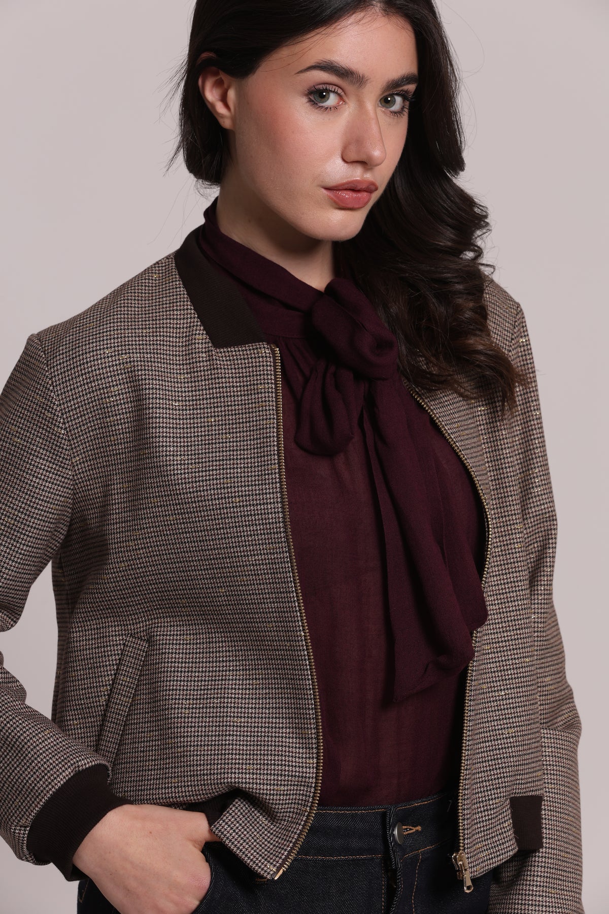 GIACCA BOMBER CON ZIP IN PIED DE POULE LUREX