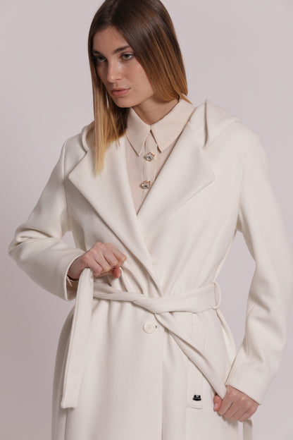 CAPPOTTO LUNGO CON CINTURA E CAPPUCCIO