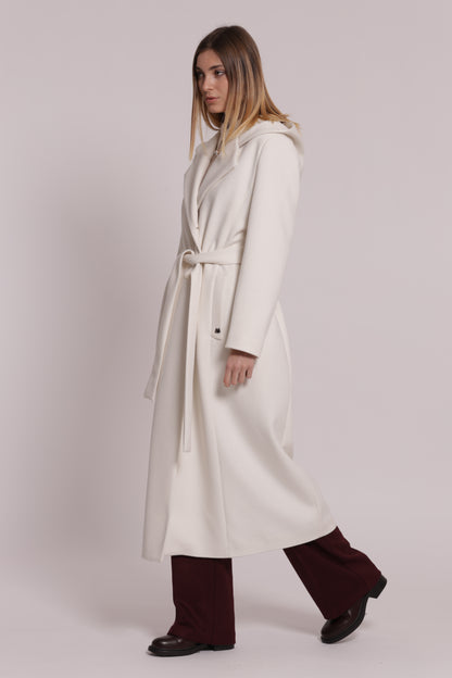 CAPPOTTO LUNGO CON CINTURA E CAPPUCCIO