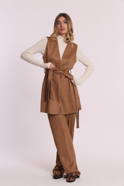 GILET LUNGO IN JERSEY EFFETTO CAMOSCIO