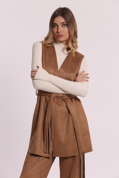GILET LUNGO IN JERSEY EFFETTO CAMOSCIO