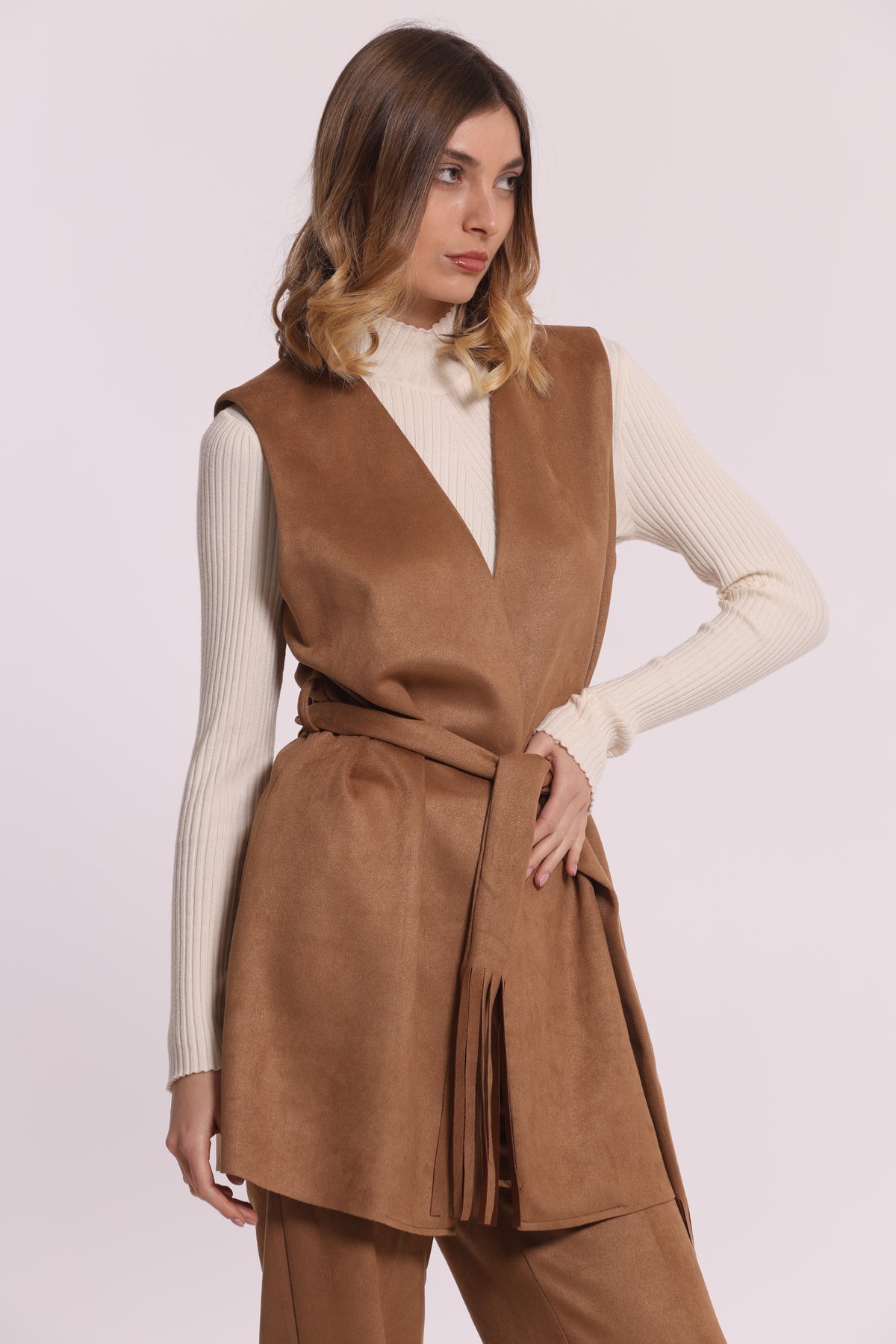 GILET LUNGO IN JERSEY EFFETTO CAMOSCIO