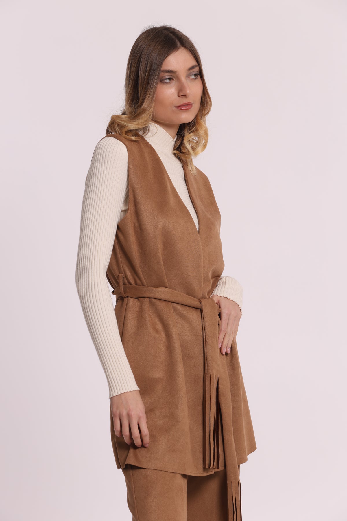 GILET LUNGO IN JERSEY EFFETTO CAMOSCIO