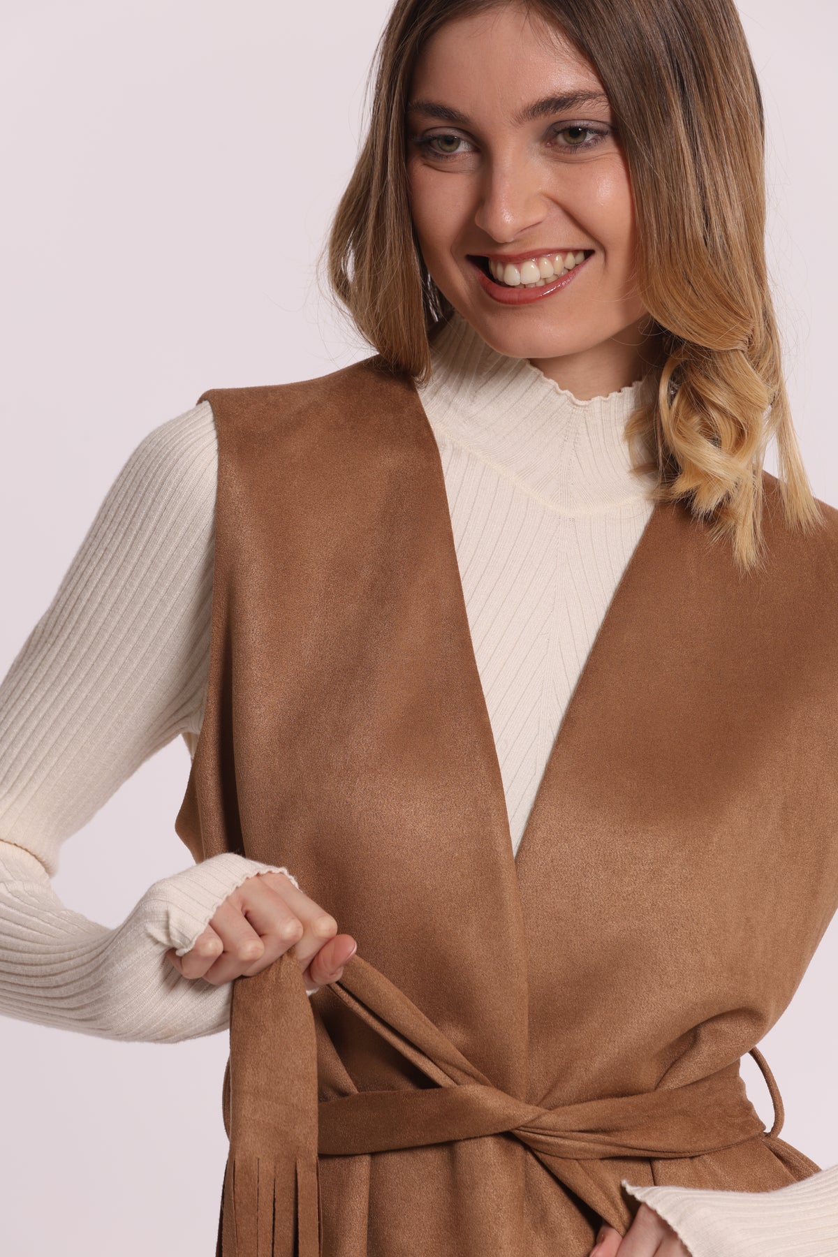 GILET LUNGO IN JERSEY EFFETTO CAMOSCIO