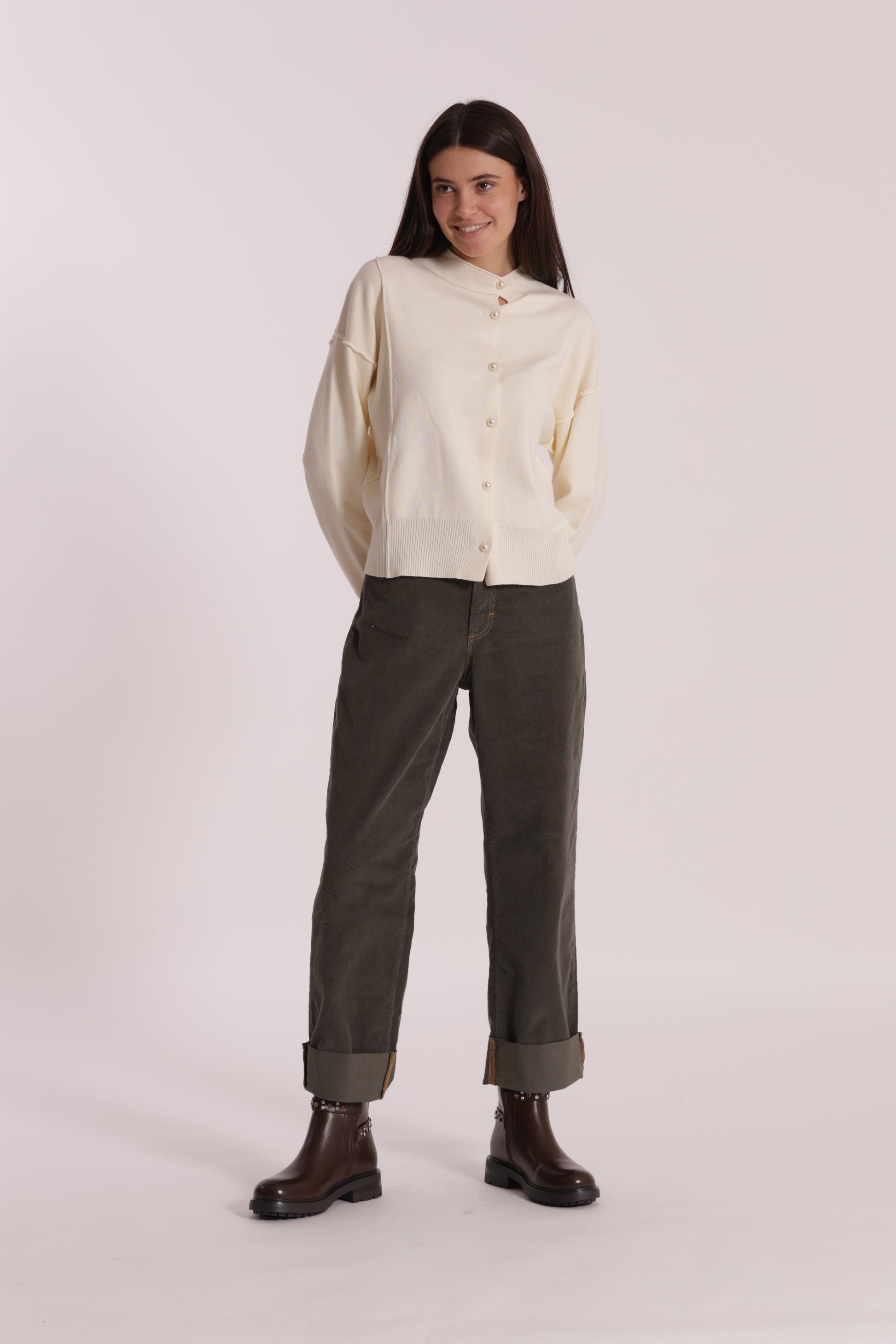 PANTALONE CROPPED CON RISVOLTO IN VELLUTO A COSTE